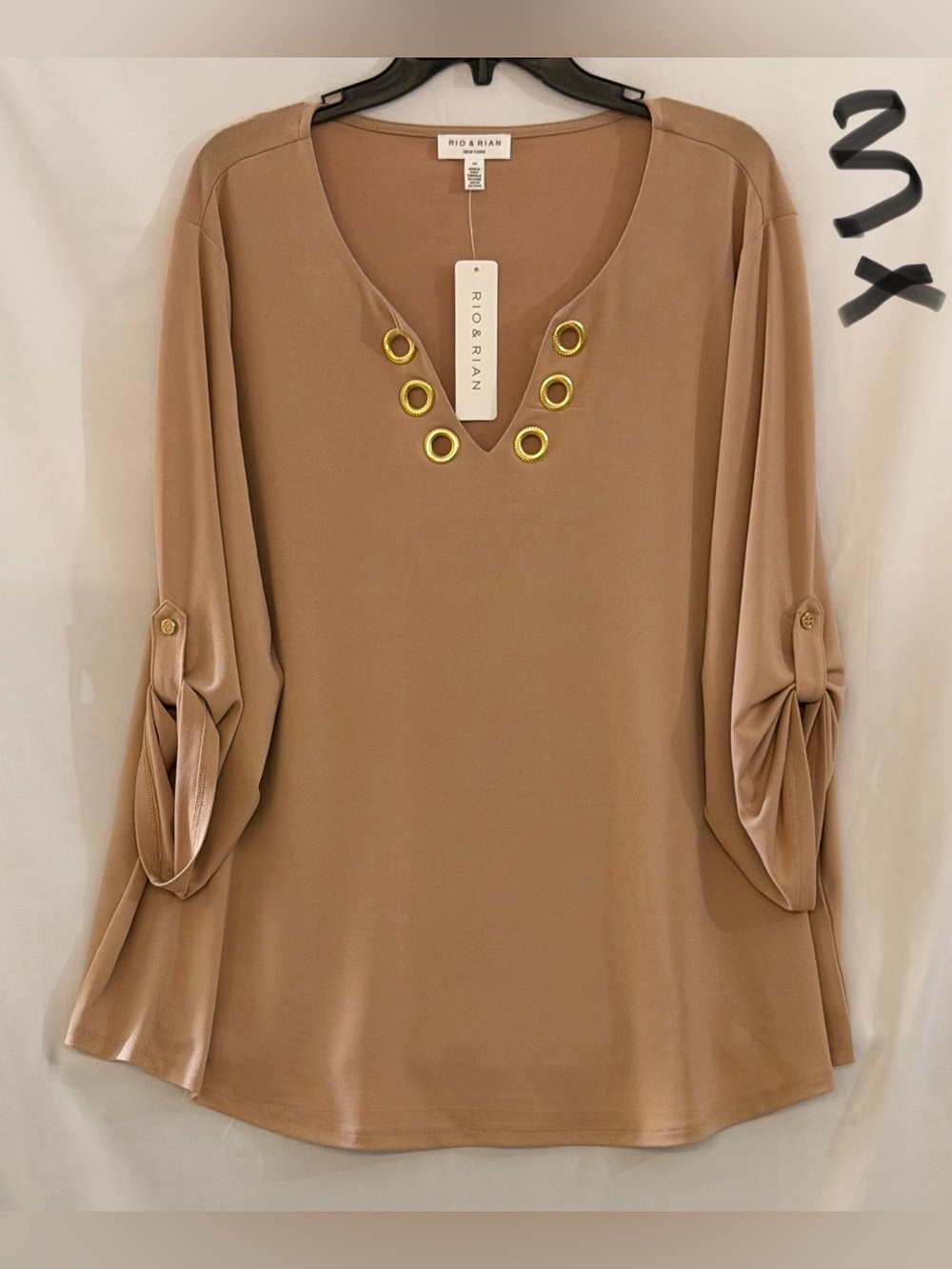 Taupe Grommet V-Neck Roll-Tab Blouse